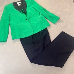 Kasper ASL- Women's 3 Piece Green & Navy Pant Suit- Jacket/Pants/Top- Size 16
